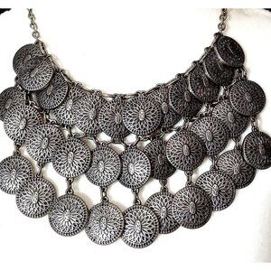 Coastal Boho Chic Dangle Necklace Silver Tone Medallions Beachy Vibe Bold Resort